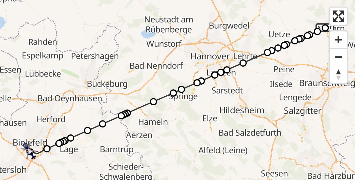 Flugroute Polizeihubschrauber Gifhorn Bundespolizei Hubschrauberlandeplatz - Luftrettungszentrum Bielefeld, 26 August 2026, 04:59