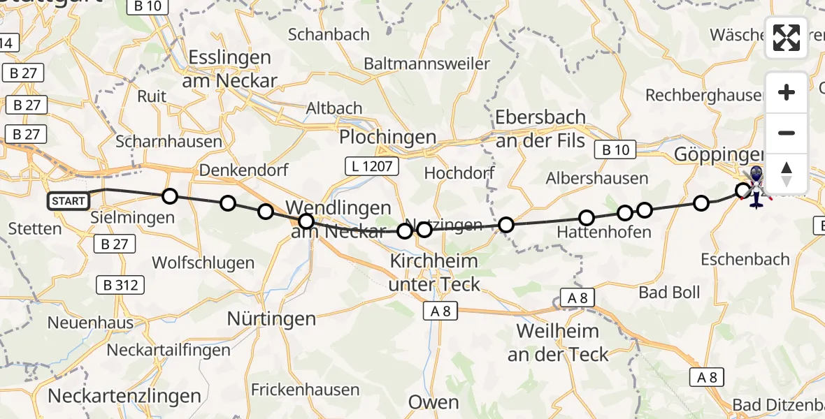 Flugroute Polizeihubschrauber Flughafen Stuttgart - Göppingen, 26 August 2026, 05:08