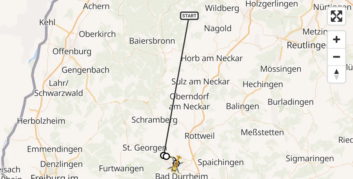 Flugroute Ambulanzhubschrauber Altensteig - DRF Air Rescue Station Villingen-Schwenningen Hubschrauberlandeplatz (Christoph 11), 26 August 2026, 05:50