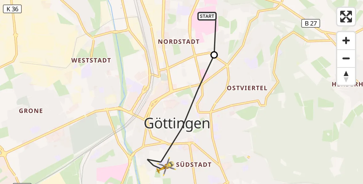 Flugroute Rettungshubschrauber Göttingen University Clinic Hubschrauberlandeplatz - Göttingen, 26 August 2026, 06:02