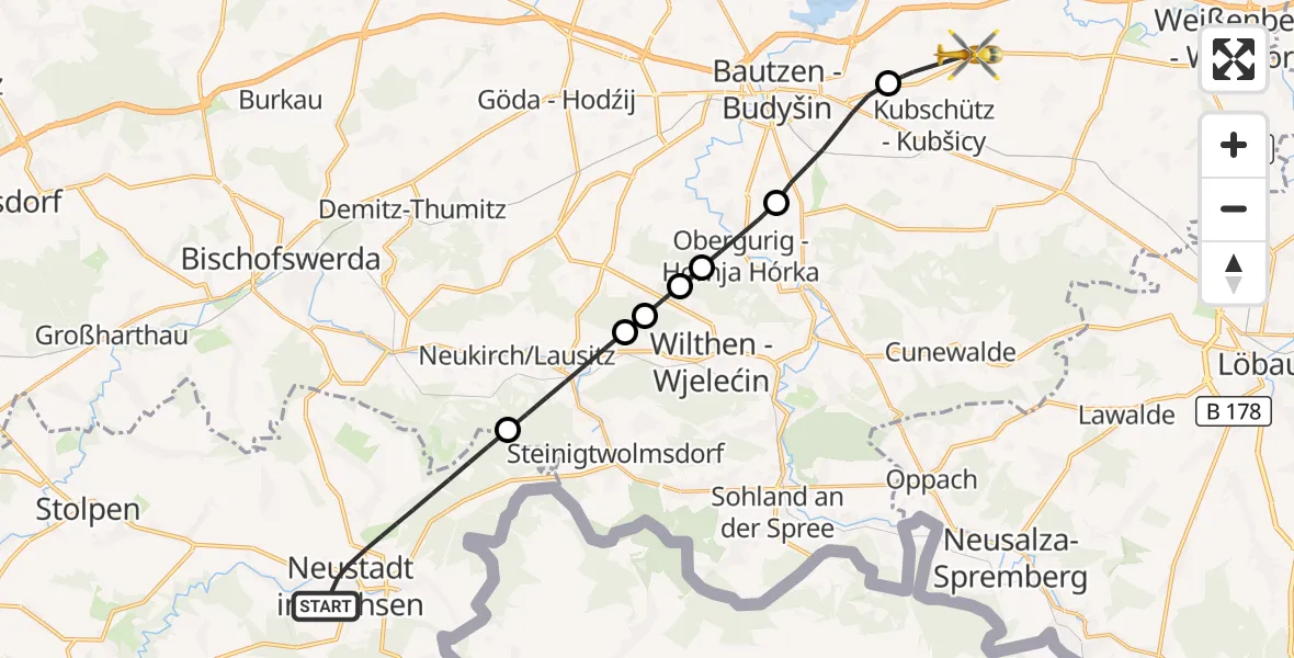 Flugroute Rettungshubschrauber Neustadt in Sachsen - Bautzen Flugplatz, 26 August 2026, 06:11
