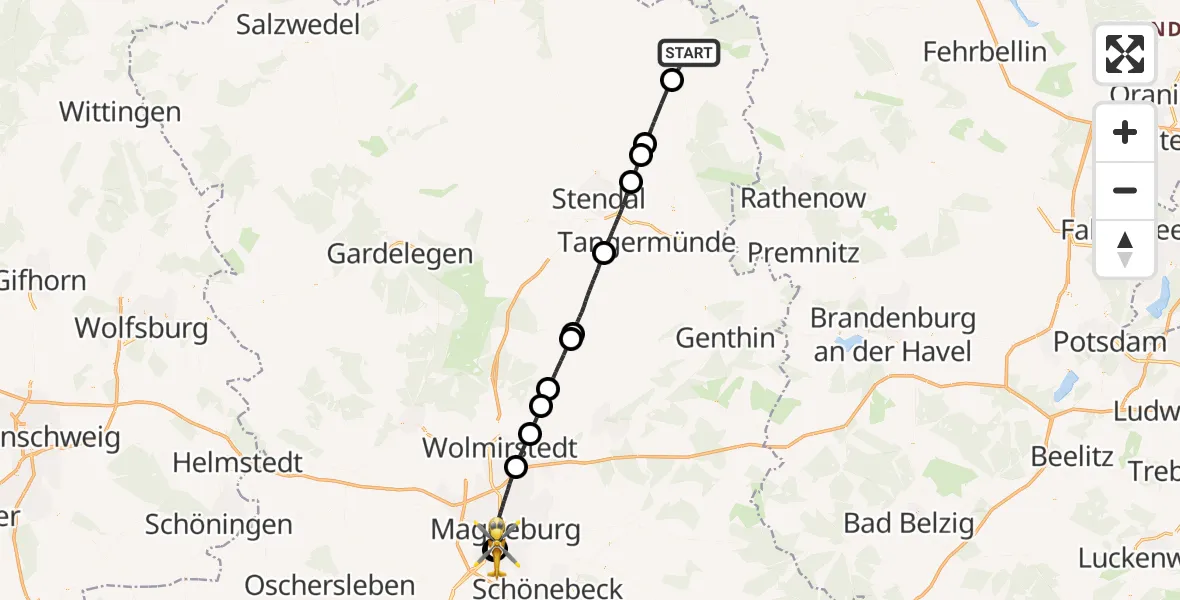 Flugroute Rettungshubschrauber Sandau (Elbe) - Magdeburg University Hospital, 26 August 2026, 06:23