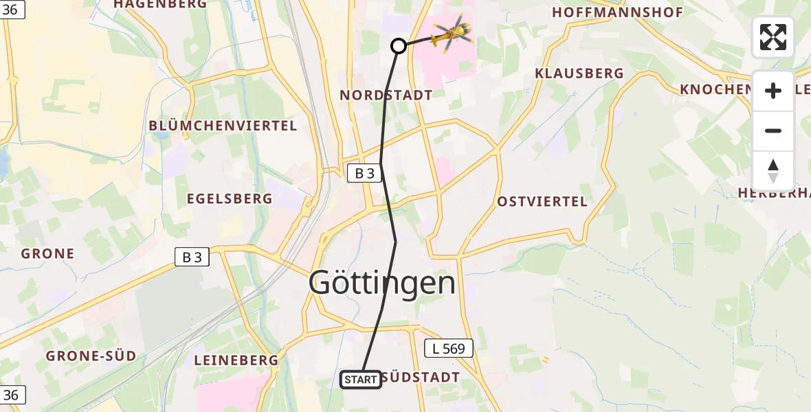 Flugroute Rettungshubschrauber Göttingen - Göttingen University Clinic Hubschrauberlandeplatz, 26 August 2026, 06:29