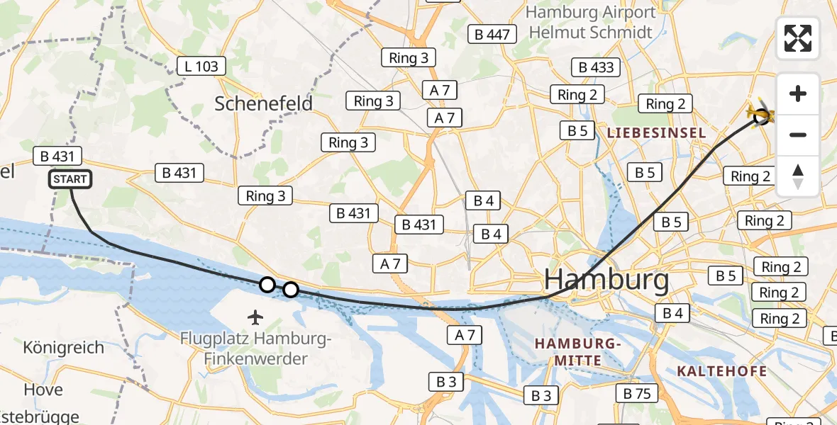 Flugroute Rettungshubschrauber Hamburg - Hamburg Military Hospital, 26 August 2026, 06:52