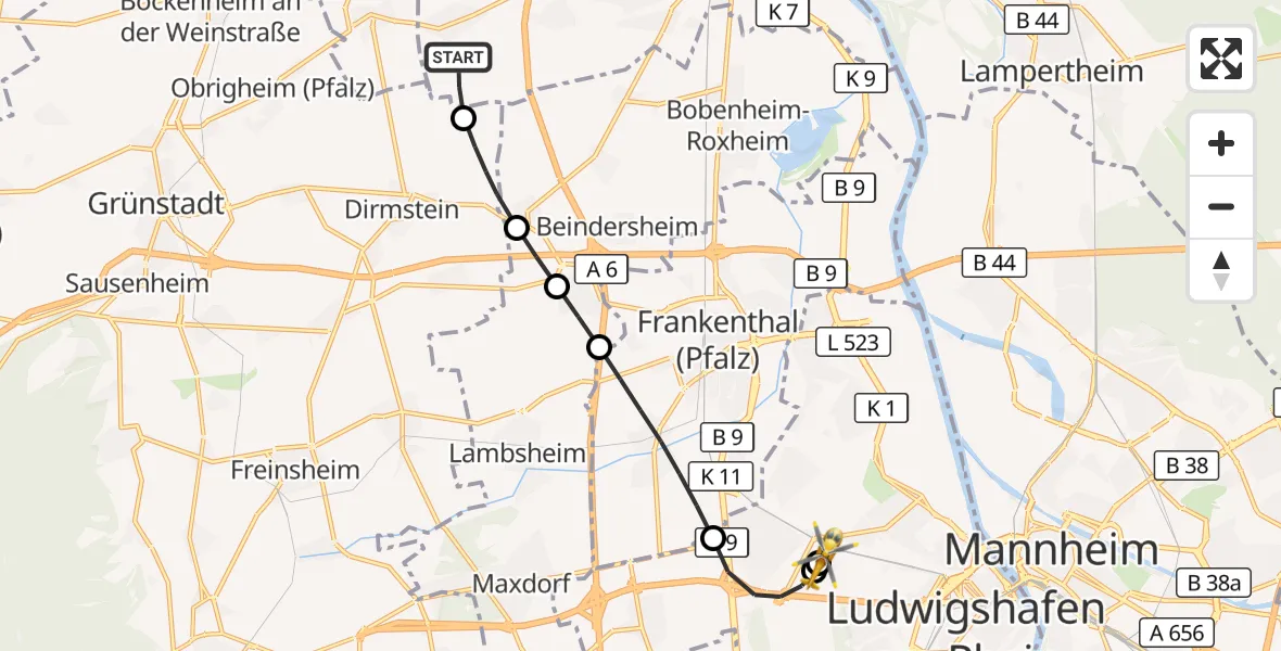 Flugroute Rettungshubschrauber Worms - Ludwigshafen Accident Hospital, 26 August 2026, 07:02
