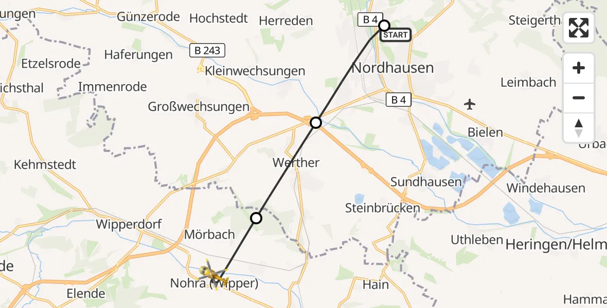 Flugroute Rettungshubschrauber Südharz Hospital Nordhausen - Bleicherode, 26 August 2026, 07:09
