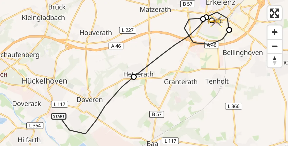 Flugroute Rettungshubschrauber Hückelhoven - Hermann-Josef Hospital Erkelenz, 26 August 2026, 07:10