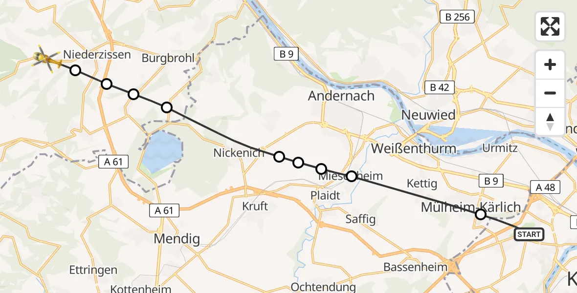 Flugroute Rettungshubschrauber Koblenz - Niederdürenbach, 26 August 2026, 07:09