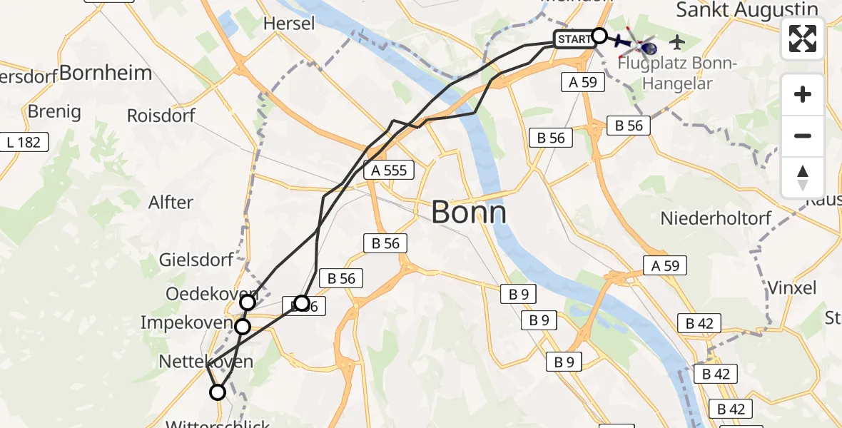 Flugroute Polizeihubschrauber Bonn - Sankt Augustin, 26 August 2026, 07:36
