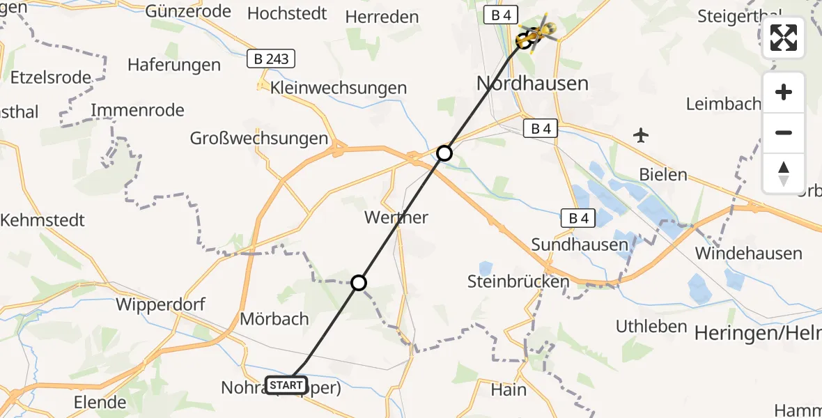 Flugroute Rettungshubschrauber Bleicherode - Südharz Hospital Nordhausen, 26 August 2026, 07:42