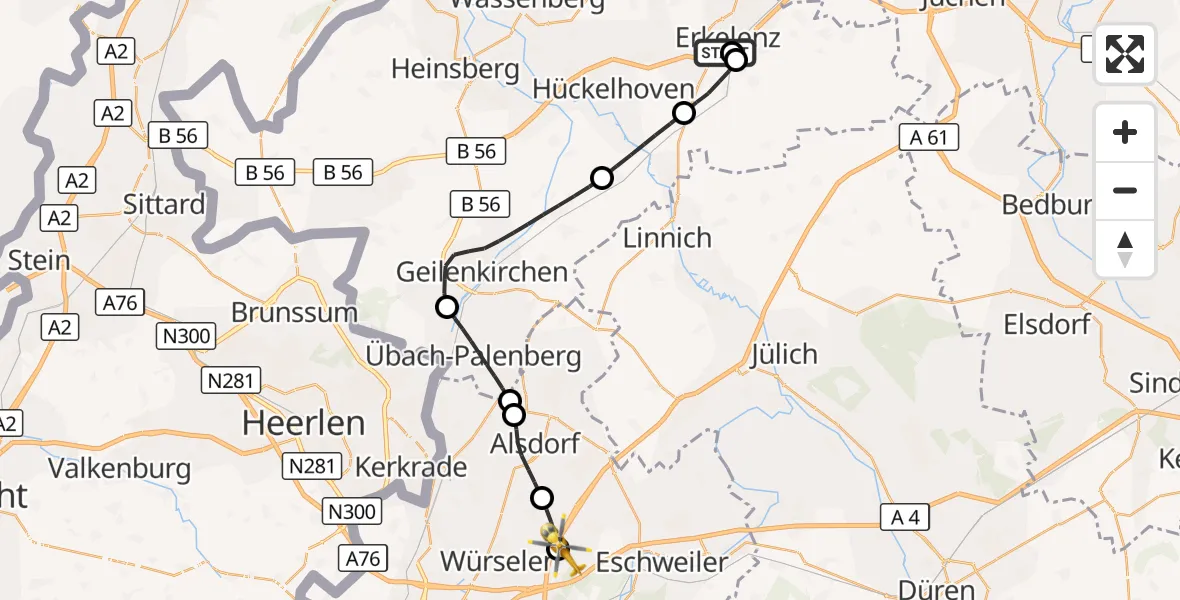 Flugroute Rettungshubschrauber Hermann-Josef Hospital Erkelenz - Aachen-Merzbrück Flughafen, 26 August 2026, 07:45