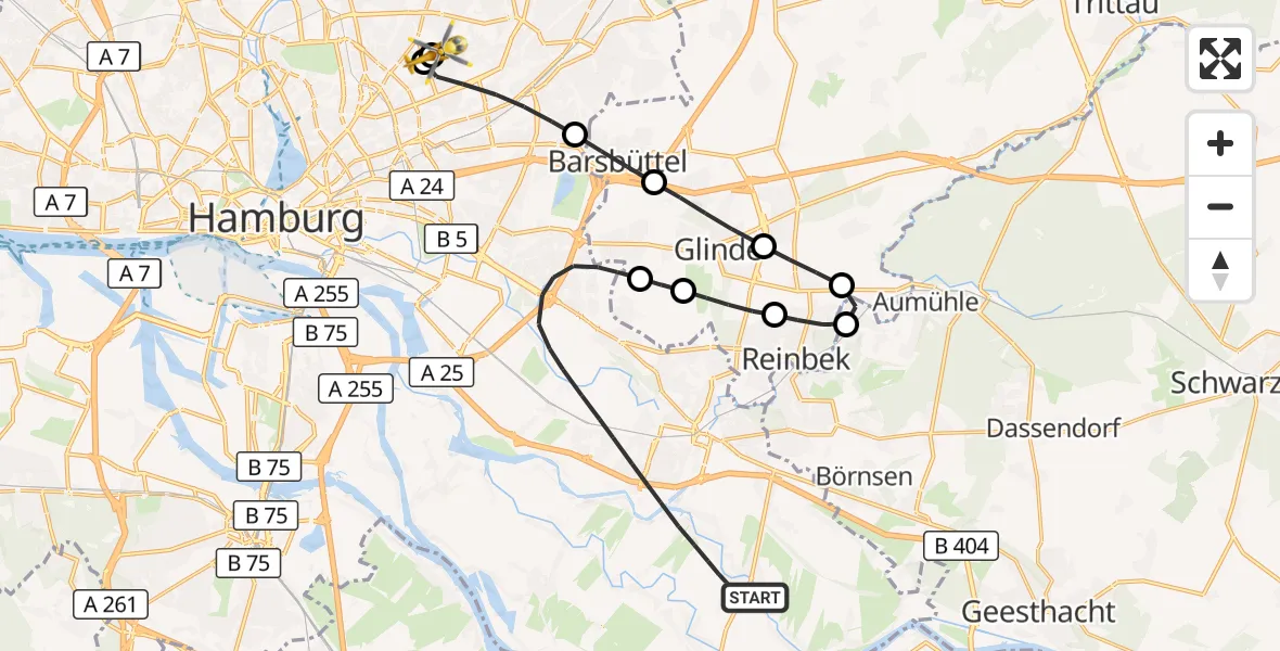 Flugroute Rettungshubschrauber Hamburg - Hamburg Military Hospital, 26 August 2026, 07:54