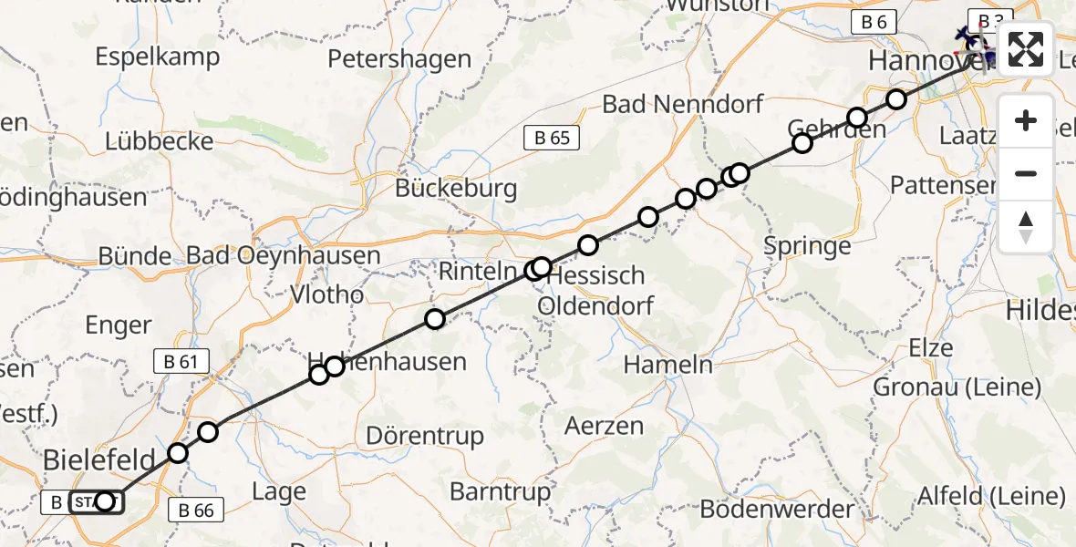 Flugroute Polizeihubschrauber Luftrettungszentrum Bielefeld - Hannover Luftrettung Hubschrauberlandeplatz (Christoph 4), 26 August 2026, 08:00