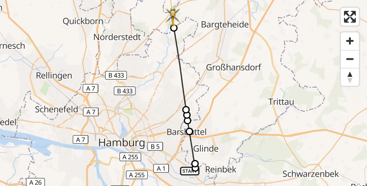 Flugroute Ambulanzhubschrauber Christoph Hansa ADAC Hubschrauberlandeplatz - Tangstedt, 26 August 2026, 08:05