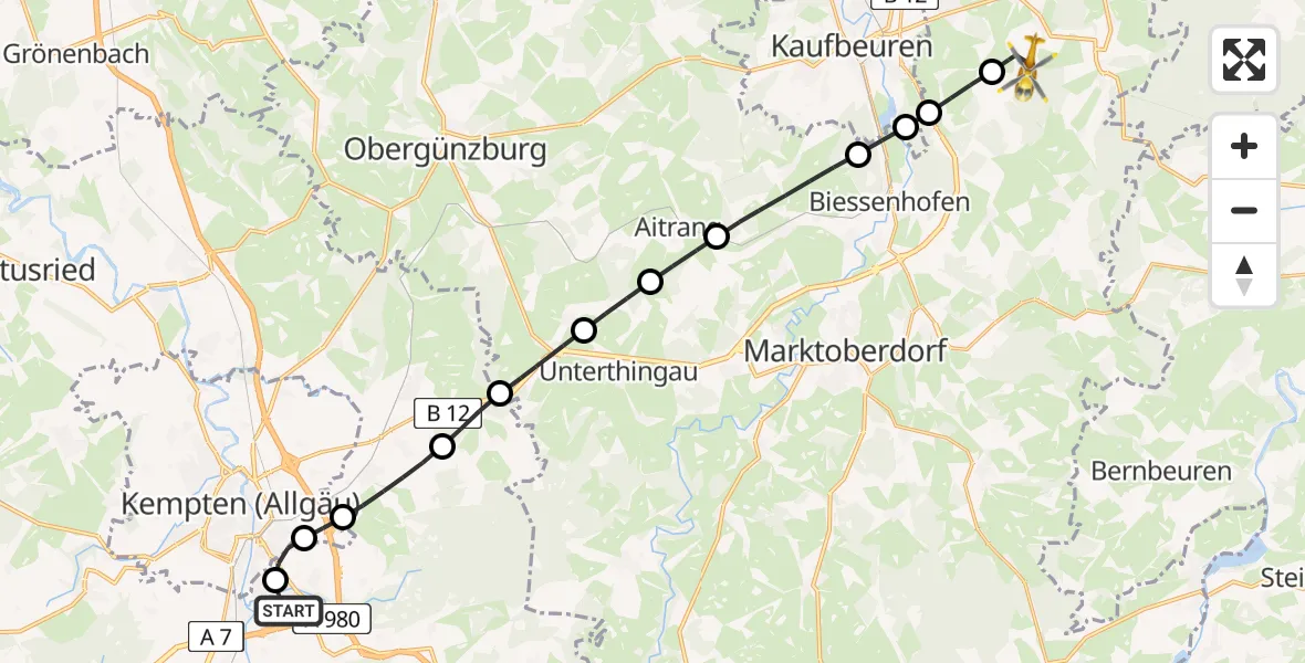 Flugroute Rettungshubschrauber Kempten-Durach Flugplatz - Stöttwang, 26 August 2026, 08:08