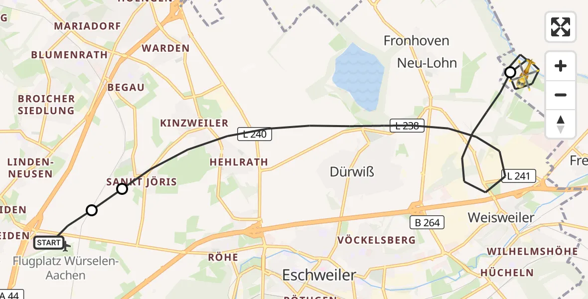 Flugroute Rettungshubschrauber Aachen-Merzbrück Flughafen - Inden, 26 August 2026, 08:32