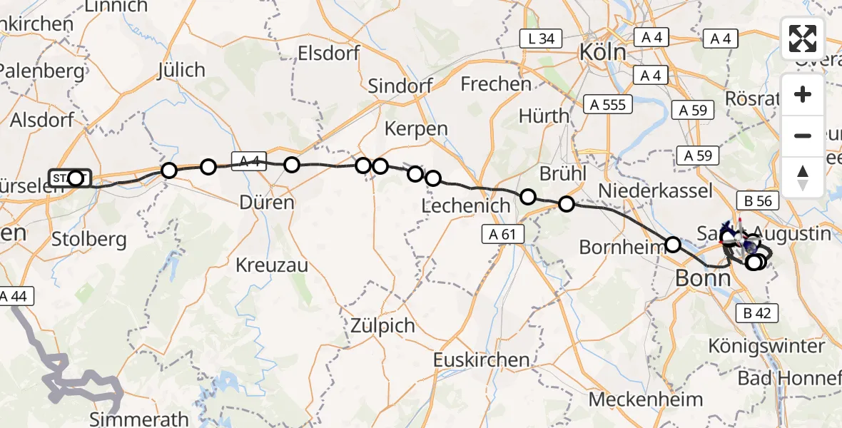Flugroute Polizeihubschrauber Würselen - Sankt Augustin, 26 August 2026, 08:39
