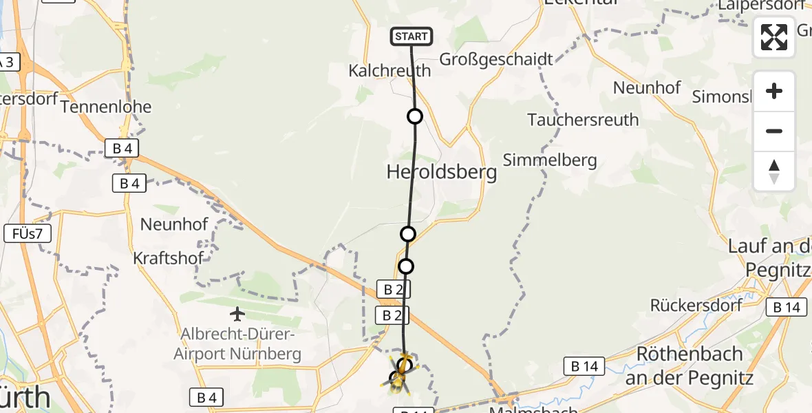 Flugroute Ambulanzhubschrauber Kalchreuth - Martha-Maria Nürnberg Hospital, 26 August 2026, 08:46