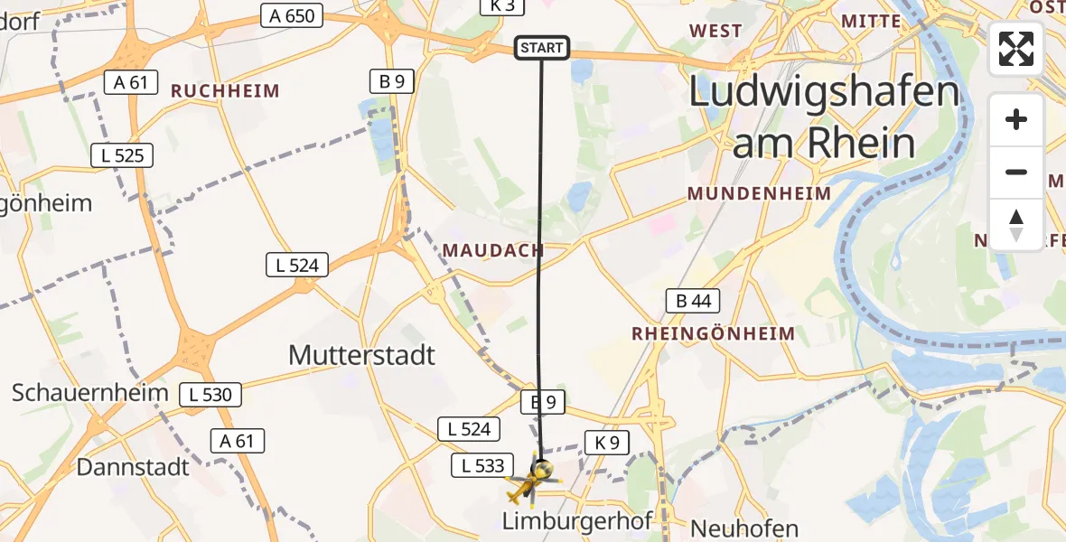 Flugroute Rettungshubschrauber Ludwigshafen am Rhein - Limburgerhof, 26 August 2026, 08:58