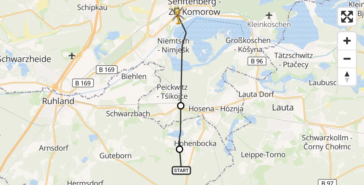 Flugroute Rettungshubschrauber Grünewald - Senftenberg, 26 August 2026, 09:04