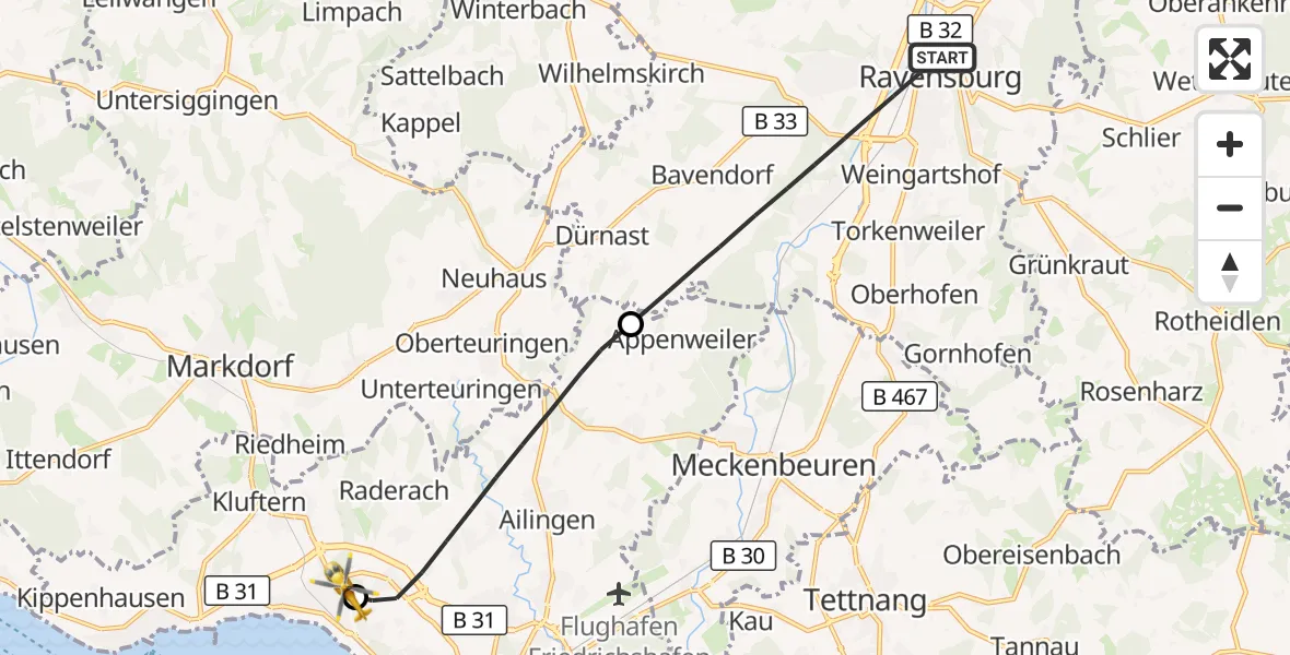 Flugroute Rettungshubschrauber Ravensburg - Friedrichshafen Hospital, 26 August 2026, 09:06