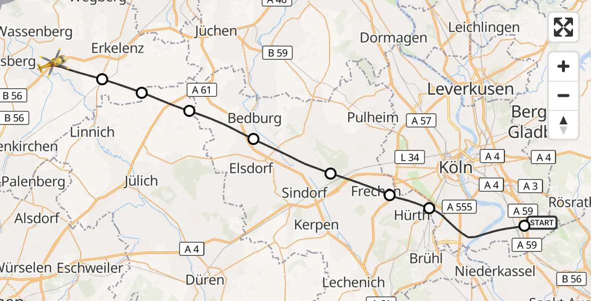 Flugroute Rettungshubschrauber Köln Bonn Flughafen - Hückelhoven, 26 August 2026, 09:09