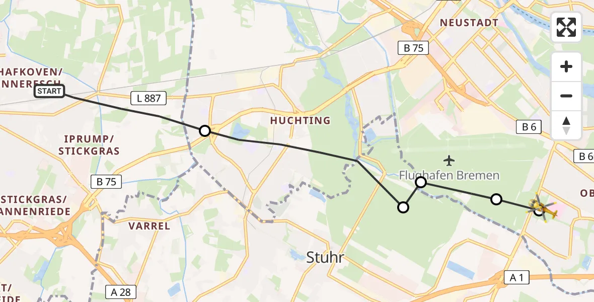 Flugroute Rettungshubschrauber Delmenhorst - ADAC Air Rescue Station Bremen Hubschrauberlandeplatz (Christoph 6), 26 August 2026, 09:13