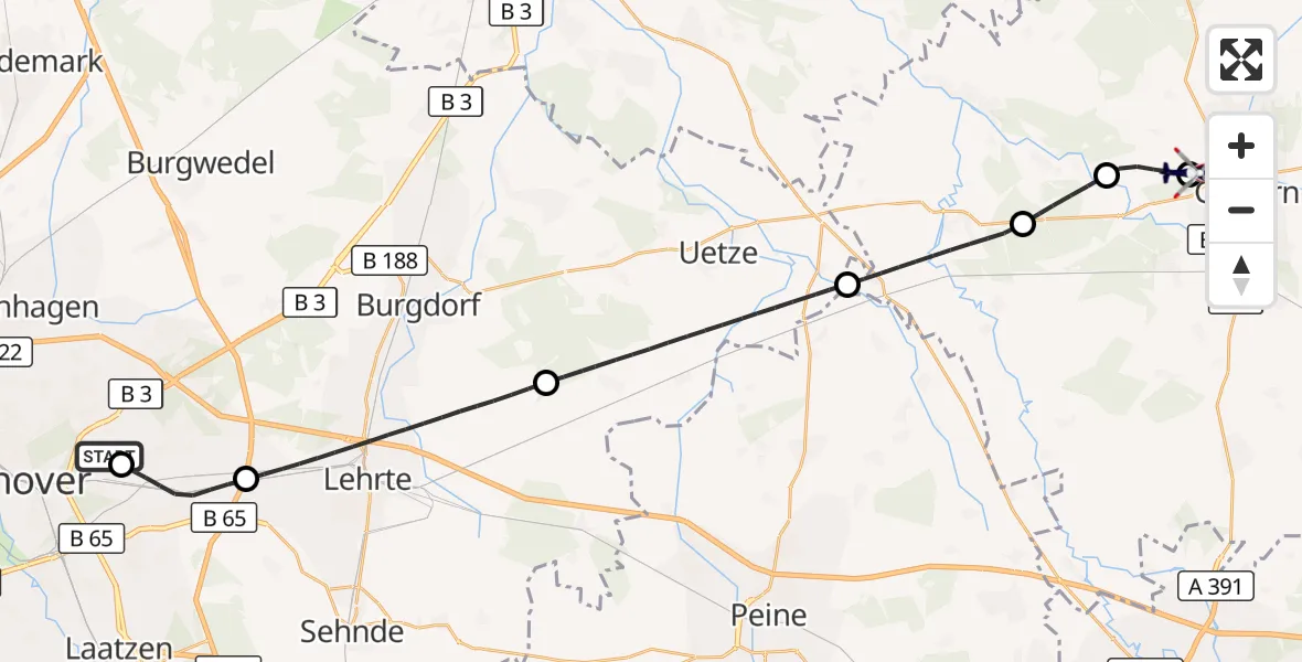 Flugroute Polizeihubschrauber Hannover Luftrettung Hubschrauberlandeplatz (Christoph 4) - Gifhorn Bundespolizei Hubschrauberlandeplatz, 26 August 2026, 09:17
