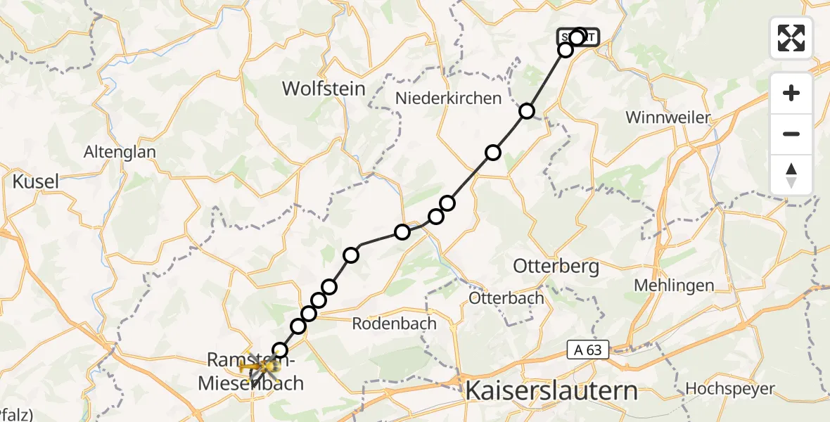 Flugroute Rettungshubschrauber Rockenhausen - Ramstein-Miesenbach, 26 August 2026, 09:31