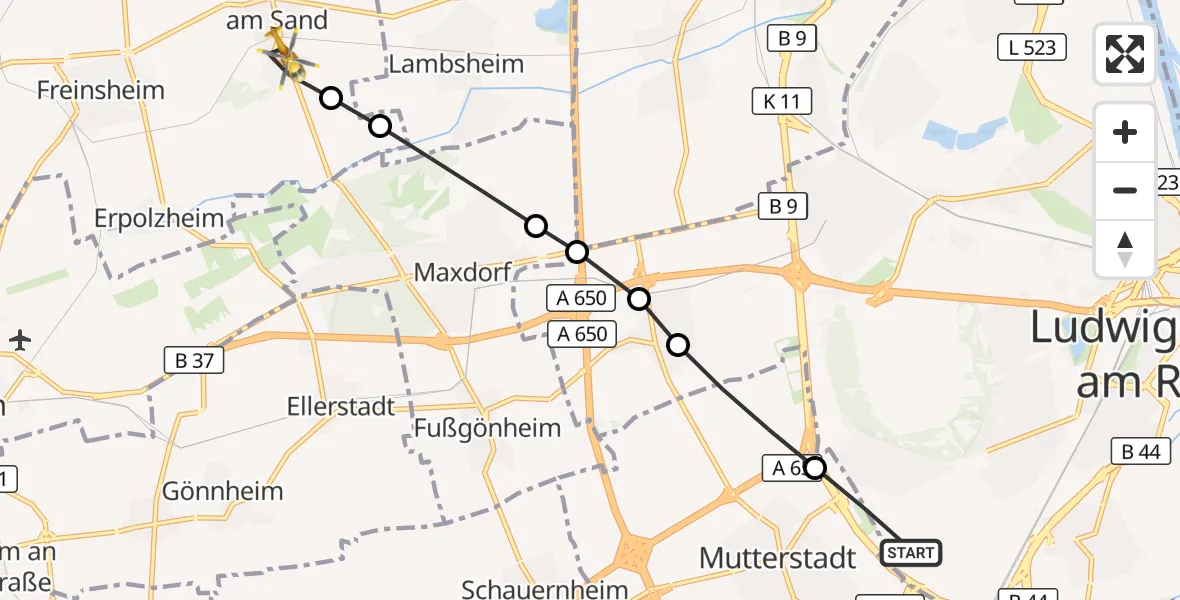 Flugroute Rettungshubschrauber Ludwigshafen am Rhein - Weisenheim am Sand, 26 August 2026, 09:34