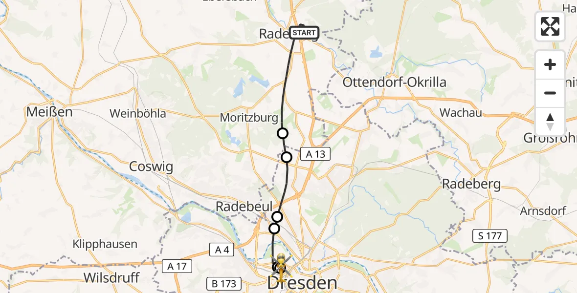 Flugroute Rettungshubschrauber Radeburg - Dresden Friedrichstadt Hospital, 26 August 2026, 09:43