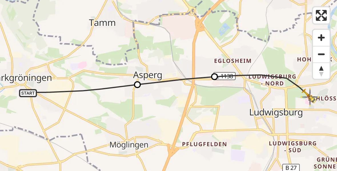 Flugroute Rettungshubschrauber Markgröningen - Ludwigsburg, 26 August 2026, 09:50
