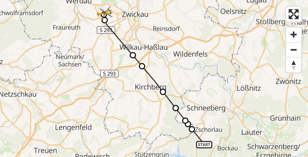 Flugroute Rettungshubschrauber Zschorlau - ADAC Air Rescue Station Zwickau Hubschrauberlandeplatz, 26 August 2026, 09:58