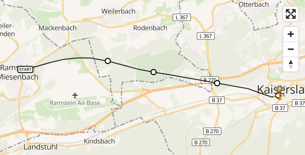 Flugroute Rettungshubschrauber Ramstein-Miesenbach - Westpfalz Hospital Kaiserslautern, 26 August 2026, 10:06