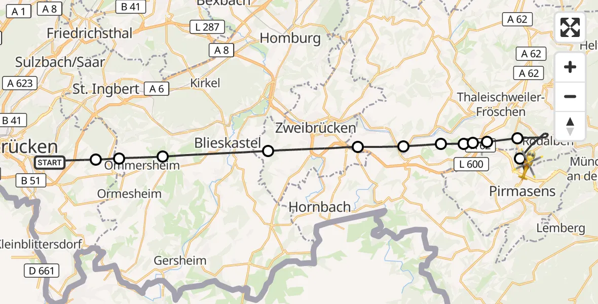 Flugroute Rettungshubschrauber Saarbrücken - Pirmasens, 26 August 2026, 10:06