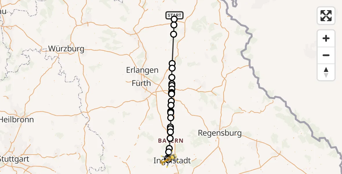 Flugroute Rettungshubschrauber Kulmbach - Ingolstadt Hospital, 26 August 2026, 10:08