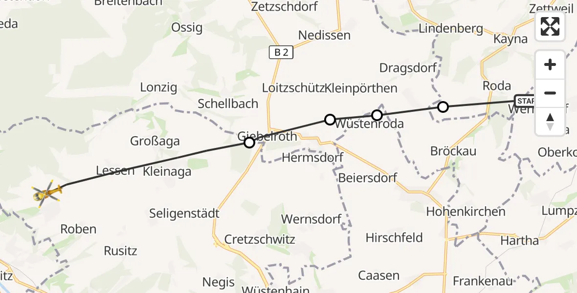 Flugroute Rettungshubschrauber Starkenberg - Gera, 26 August 2026, 10:14