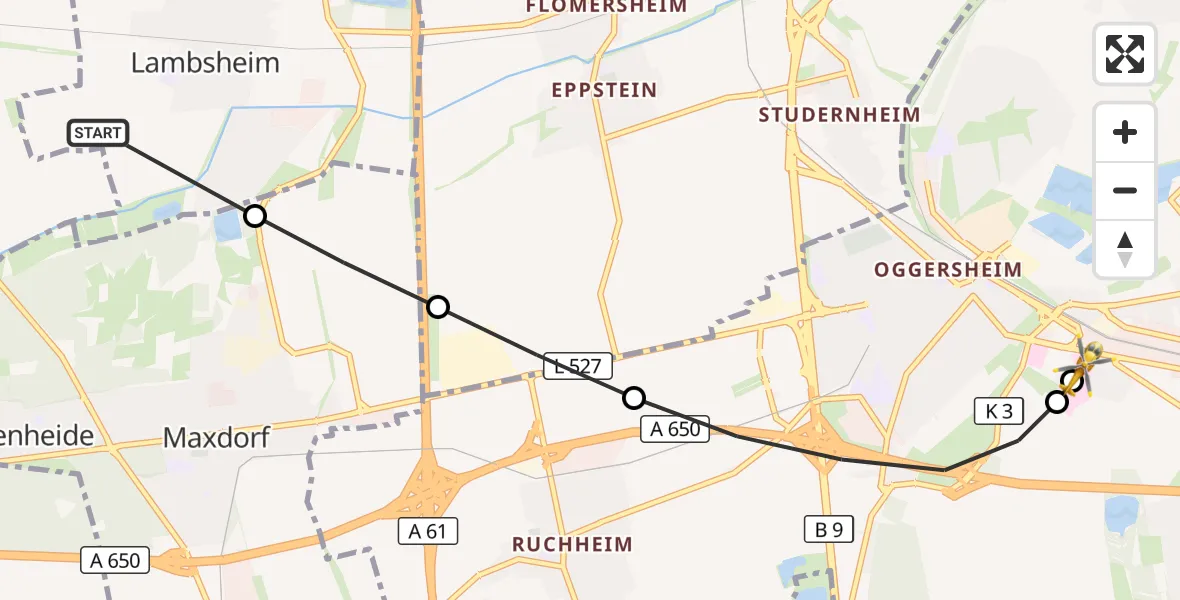 Flugroute Rettungshubschrauber Lambsheim - Ludwigshafen Accident Hospital, 26 August 2026, 10:21