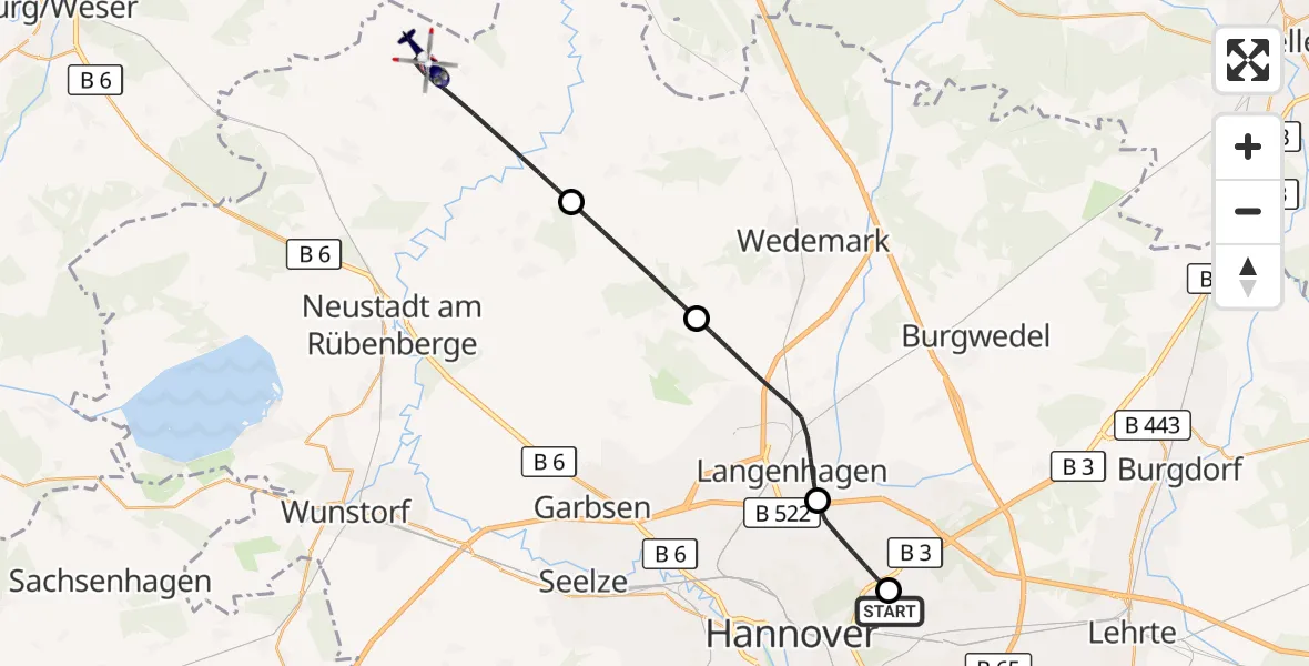 Flugroute Polizeihubschrauber Hannover Luftrettung Hubschrauberlandeplatz (Christoph 4) - Neustadt am Rübenberge, 26 August 2026, 10:22