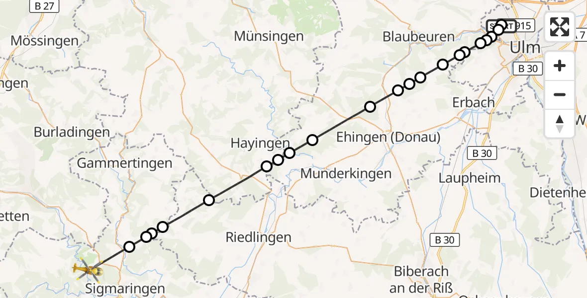 Flugroute Rettungshubschrauber Ulm Military Hospital Emergency - Sigmaringen, 26 August 2026, 10:32