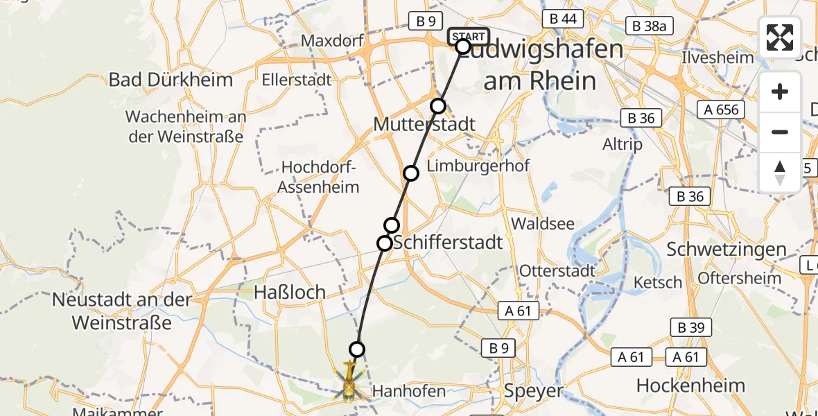 Flugroute Rettungshubschrauber Ludwigshafen Accident Hospital - Haßloch, 26 August 2026, 10:33