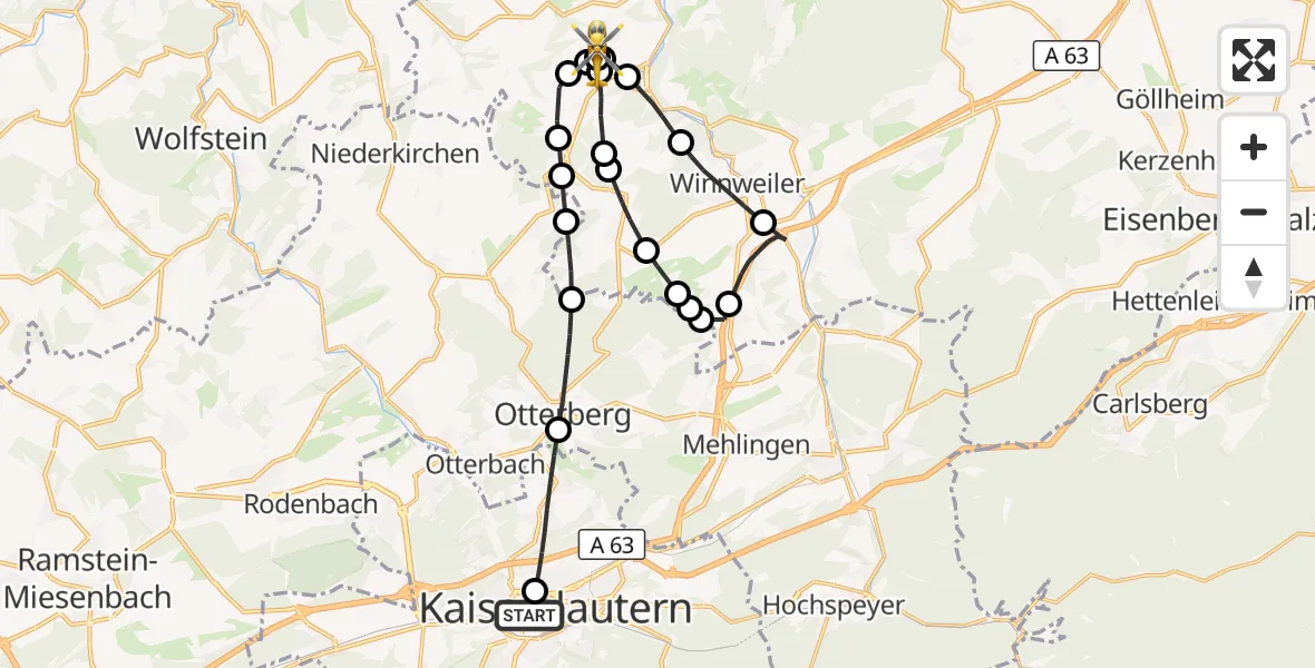 Flugroute Rettungshubschrauber Westpfalz Hospital Kaiserslautern - Rockenhausen, 26 August 2026, 10:37