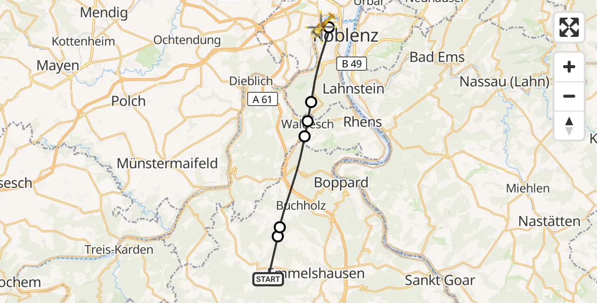 Flugroute Rettungshubschrauber Gondershausen - Katholisches Klinikum Marienhof Koblenz Hubschrauberlandeplatz, 26 August 2026, 10:44