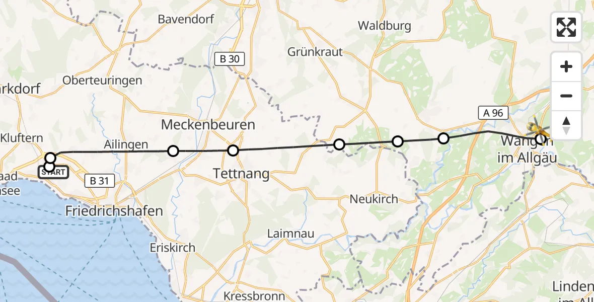 Flugroute Rettungshubschrauber Friedrichshafen Hospital - Westallgäu Clinic Wangen Hubschrauberlandeplatz, 26 August 2026, 10:46