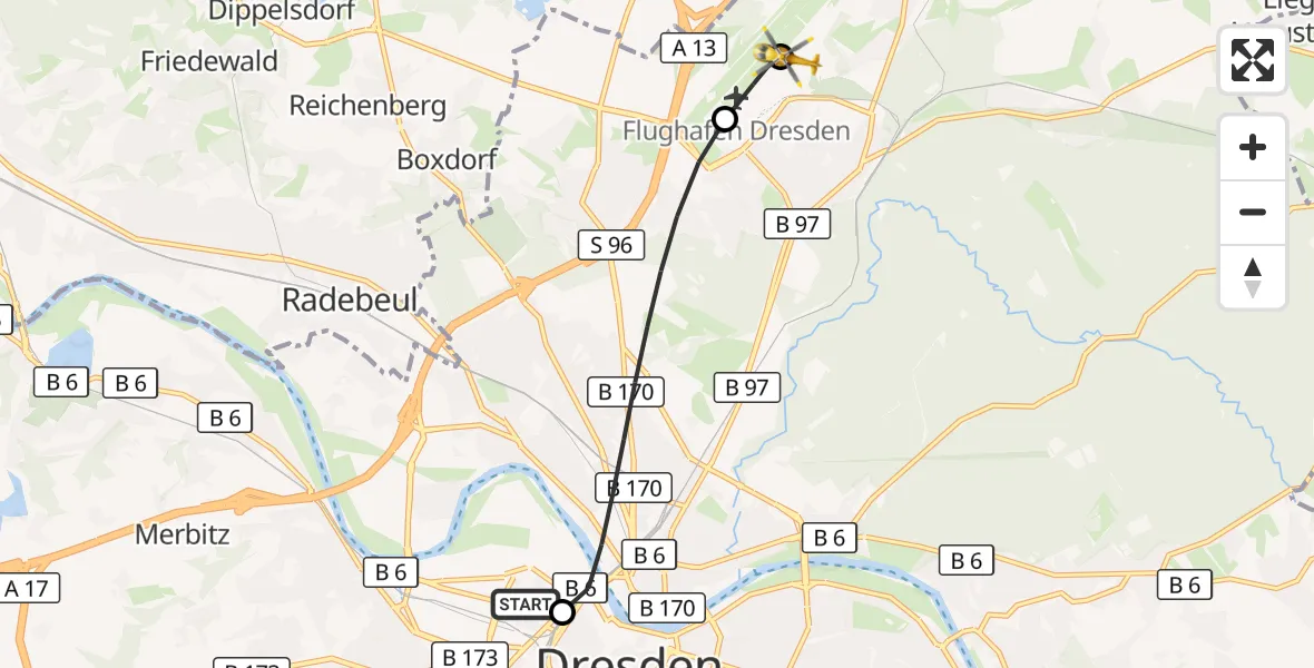 Flugroute Rettungshubschrauber Dresden Friedrichstadt Hospital - Dresden Bundespolizei Hubschrauberlandeplatz, 26 August 2026, 10:49