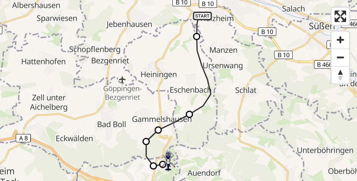Flugroute Polizeihubschrauber Göppingen - Gruibingen-Nortel Flugplatz, 26 August 2026, 10:53