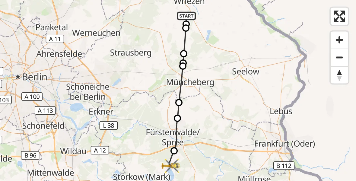 Flugroute Rettungshubschrauber Bliesdorf - Bad Saarow Hospital Hubschrauberlandeplatz, 26 August 2026, 11:03