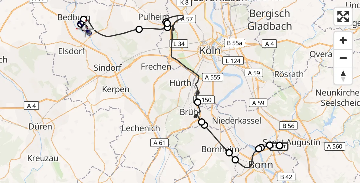 Flugroute Polizeihubschrauber Sankt Augustin - Bergheim Flugplatz, 26 August 2026, 11:04