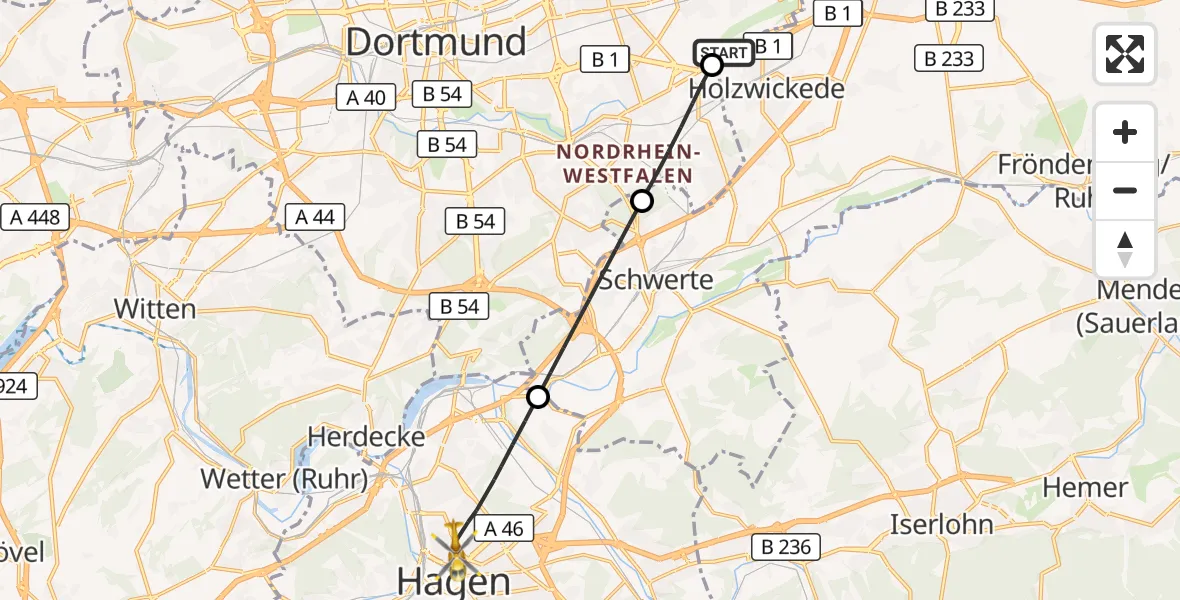 Flugroute Rettungshubschrauber Dortmund Flughafen - Hagen, 26 August 2026, 11:07