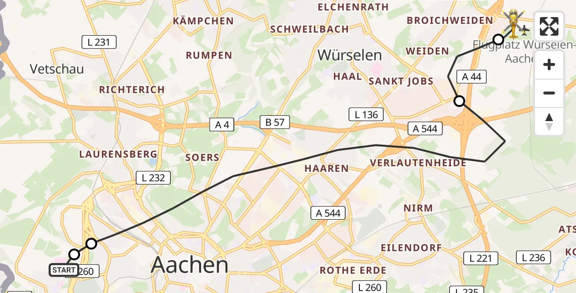 Flugroute Rettungshubschrauber Aachen Hospital - Aachen-Merzbrück Flughafen, 26 August 2026, 11:16